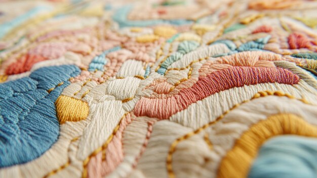 Detail výšivky na ľanovej látke s pastelovými farbami